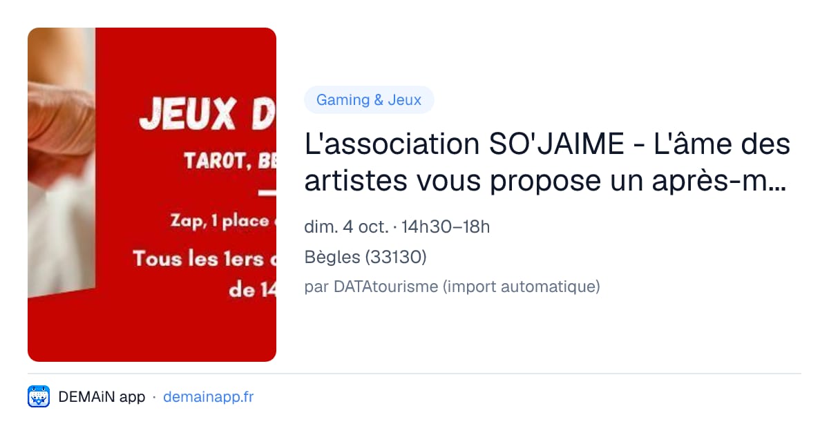 L'association SO'JAIME - L'âme des artistes vous propose un après-midi jeux de cartes traditionnels "Les jeux que j'aime" — Bègles