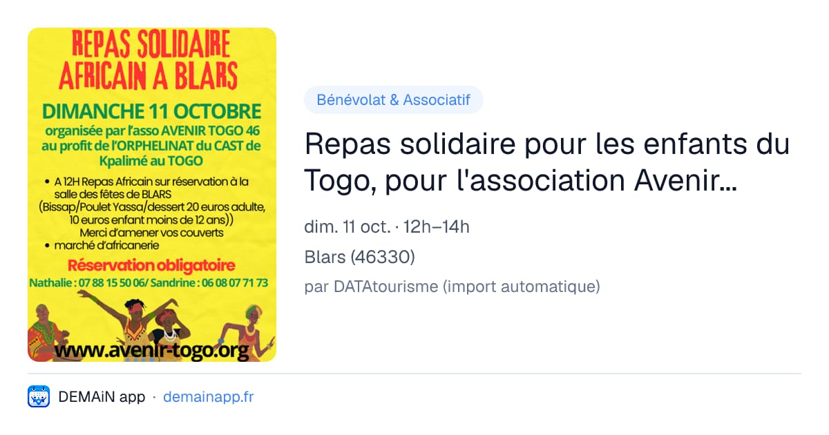 Repas solidaire pour les enfants du Togo, pour l'association Avenir Togo 46 — Blars