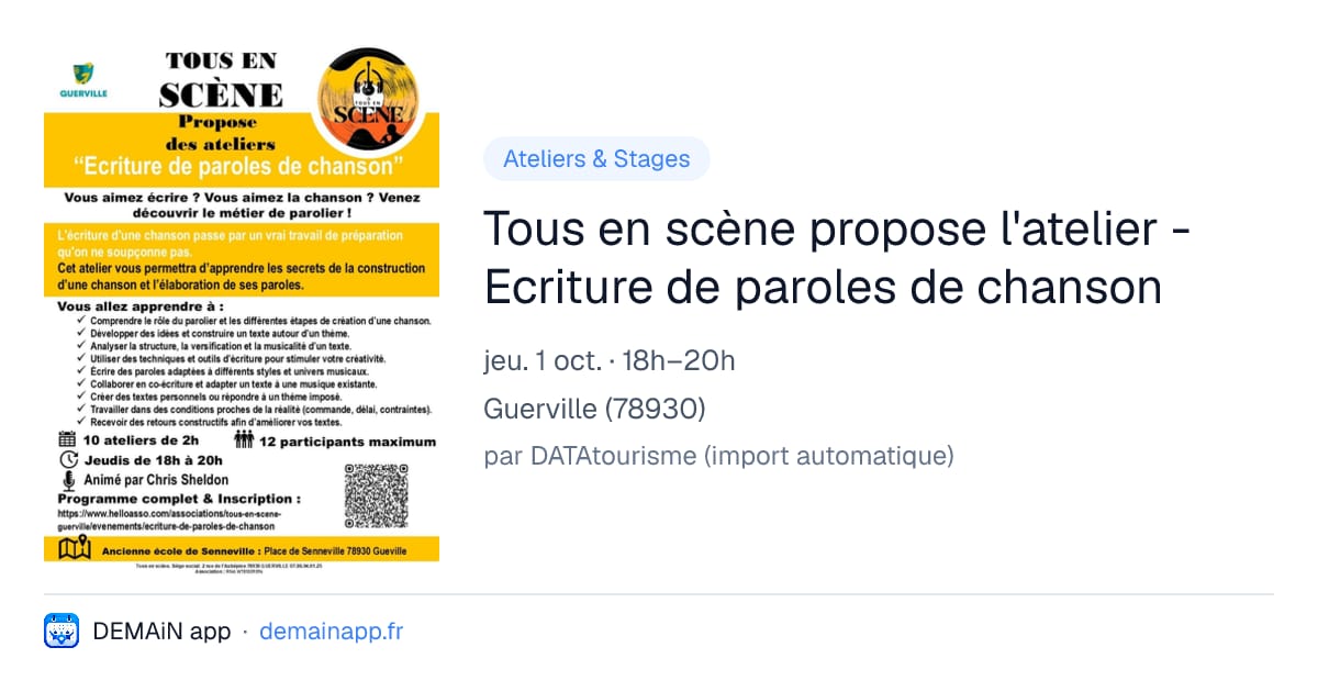 Tous en scène propose l'atelier - Ecriture de paroles de chanson — Guerville