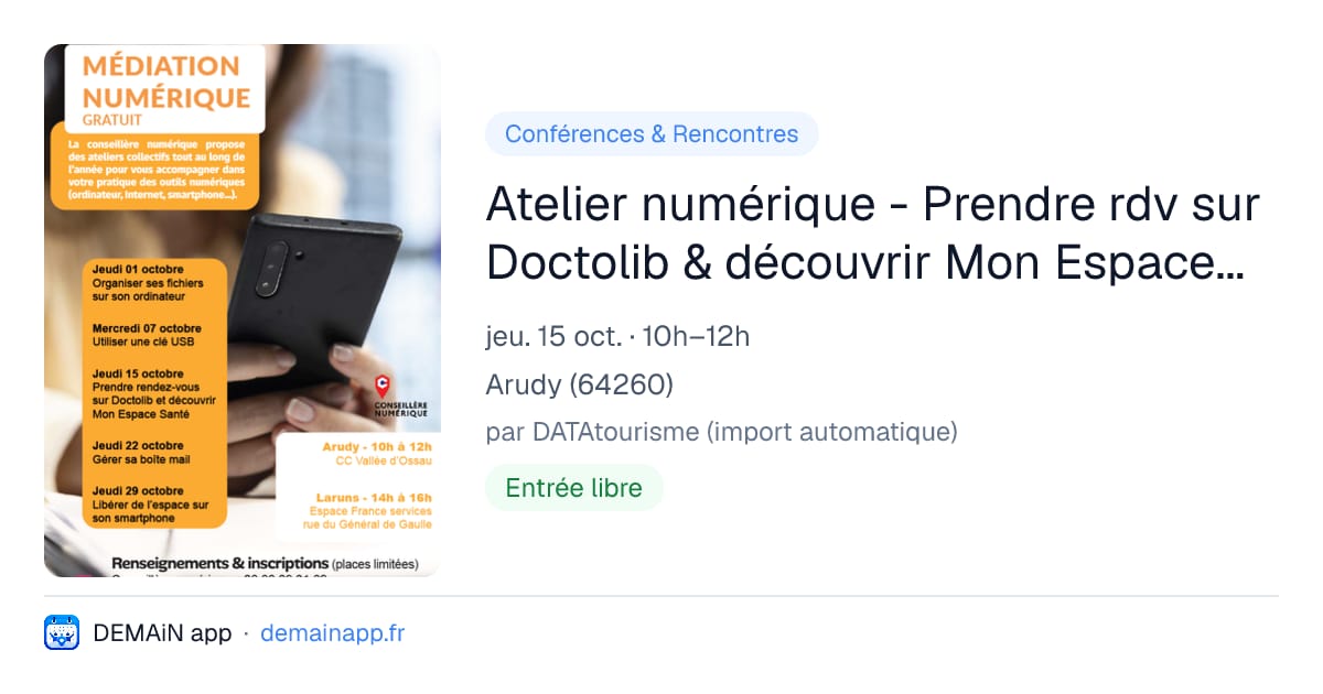 Atelier numérique - Prendre rdv sur Doctolib & découvrir Mon Espace Santé — Arudy