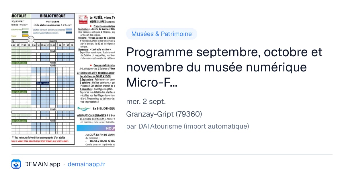 Programme septembre, octobre et novembre du musée numérique Micro-Folie à Granzay-Gript — Granzay-Gript