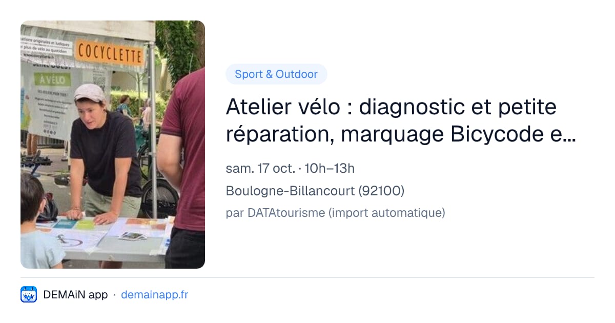 Atelier vélo : diagnostic et petite réparation, marquage Bicycode et sécurité routière vue du guidon — Boulogne-Billancourt