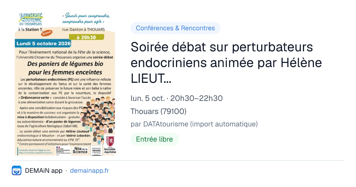 Soirée débat sur perturbateurs endocriniens animée par Hélène LIEUTAUD, endocrinologue, et Valérie LEBARBIER (CPIE79) — Thouars