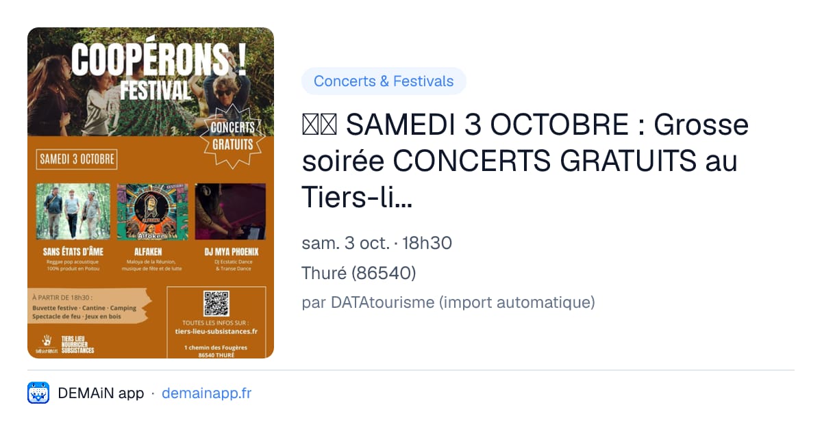 🎤🎧 SAMEDI 3 OCTOBRE : Grosse soirée CONCERTS GRATUITS au Tiers-lieu Nourricier Subsistances ! — Thuré