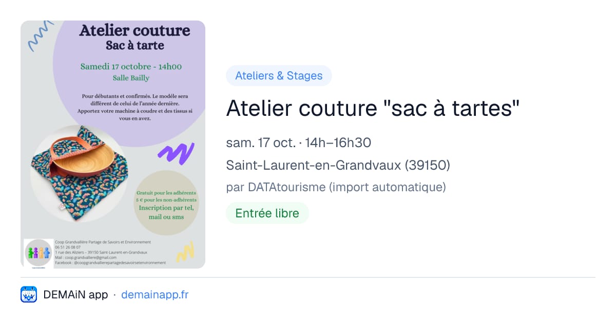 Atelier couture "sac à tartes" — Saint-Laurent-en-Grandvaux