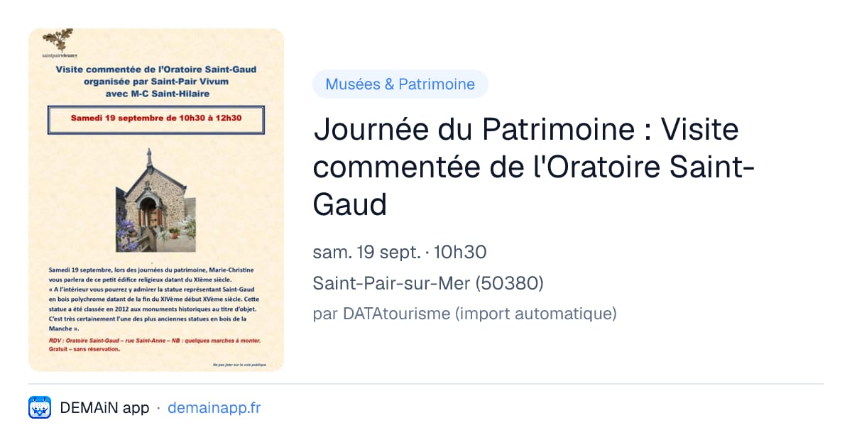 Journée du Patrimoine : Visite commentée de l'Oratoire Saint-Gaud — Saint-Pair-sur-Mer