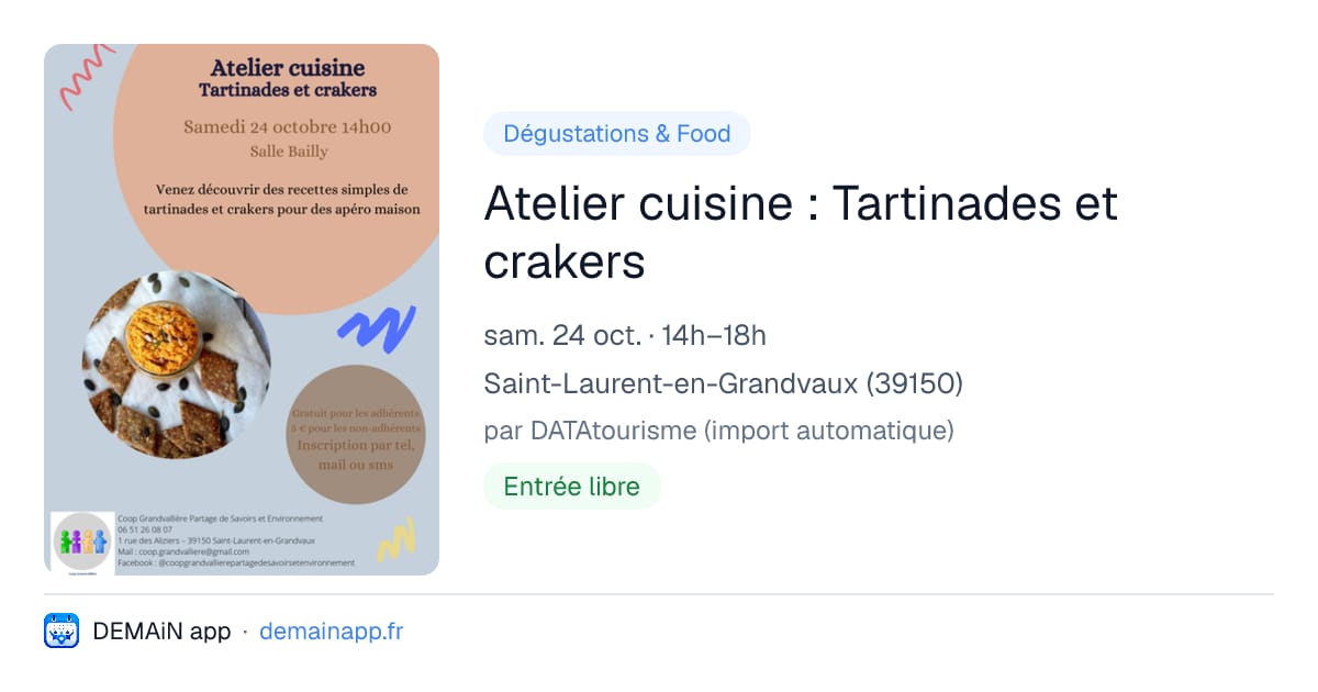Atelier cuisine : Tartinades et crakers — Saint-Laurent-en-Grandvaux