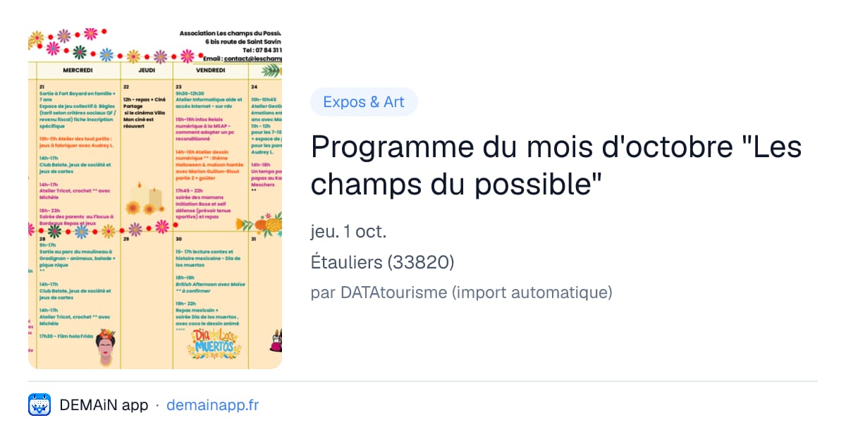 Programme du mois d'octobre "Les champs du possible" — Étauliers