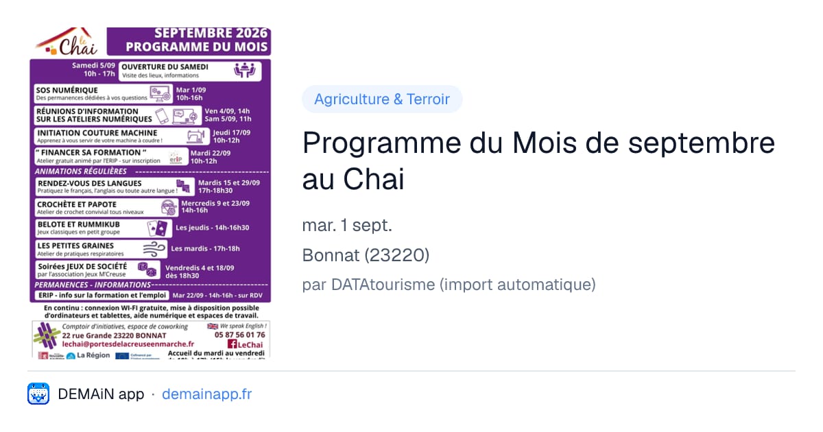 Programme du Mois de septembre au Chai — Bonnat