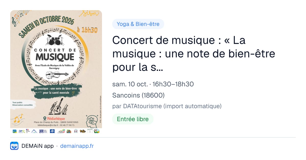 Concert de musique : « La musique : une note de bien-être pour la santé mentale » — Sancoins