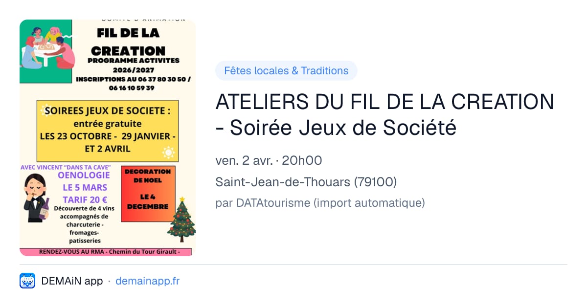 ATELIERS DU FIL DE LA CREATION - Soirée Jeux de Société — Saint-Jean-de-Thouars