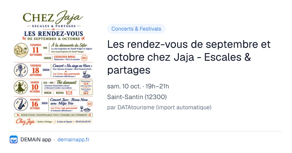 Les rendez-vous de septembre et octobre chez Jaja - Escales & partages — Saint-Santin