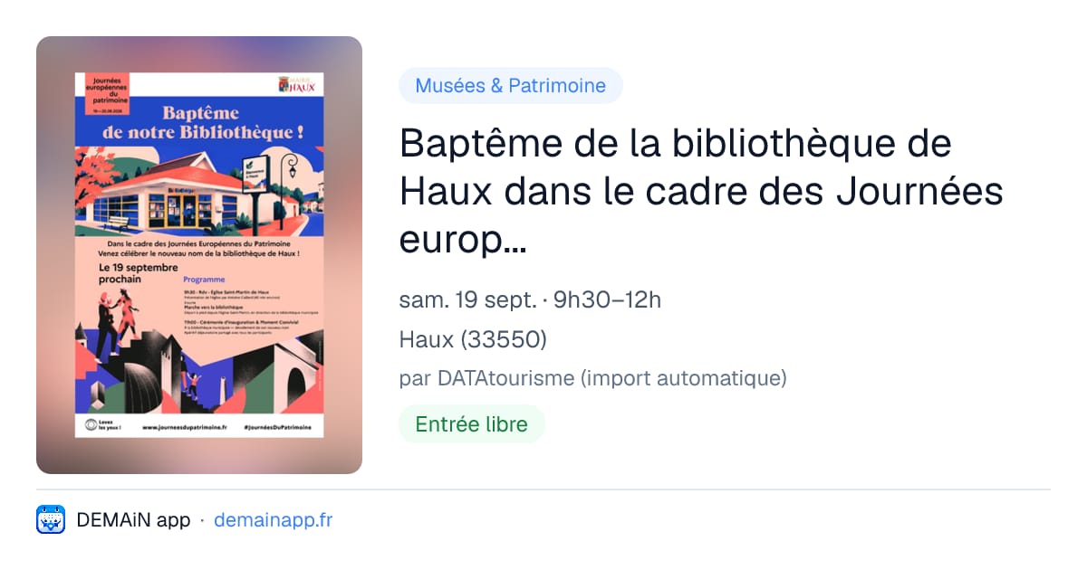 Baptême de la bibliothèque de Haux dans le cadre des Journées européennes du Patrimoine - avec visite de l'église et marche — Haux
