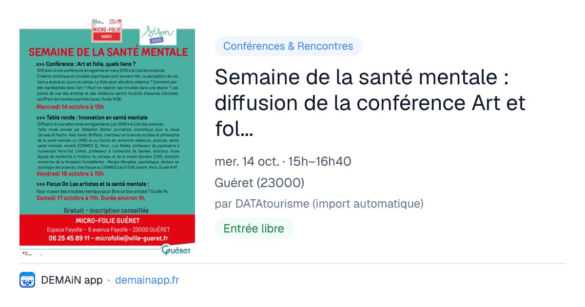 Semaine de la santé mentale : diffusion de la conférence Art et folie, quels liens ? — Guéret