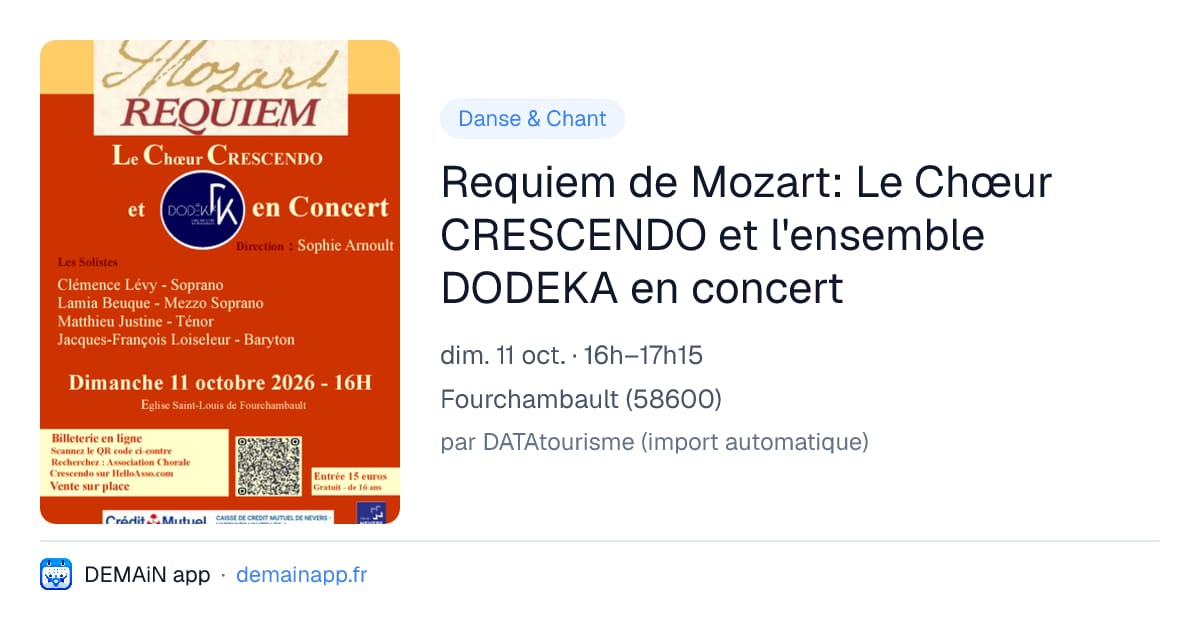 Requiem de Mozart: Le Chœur CRESCENDO et l'ensemble DODEKA en concert — Fourchambault