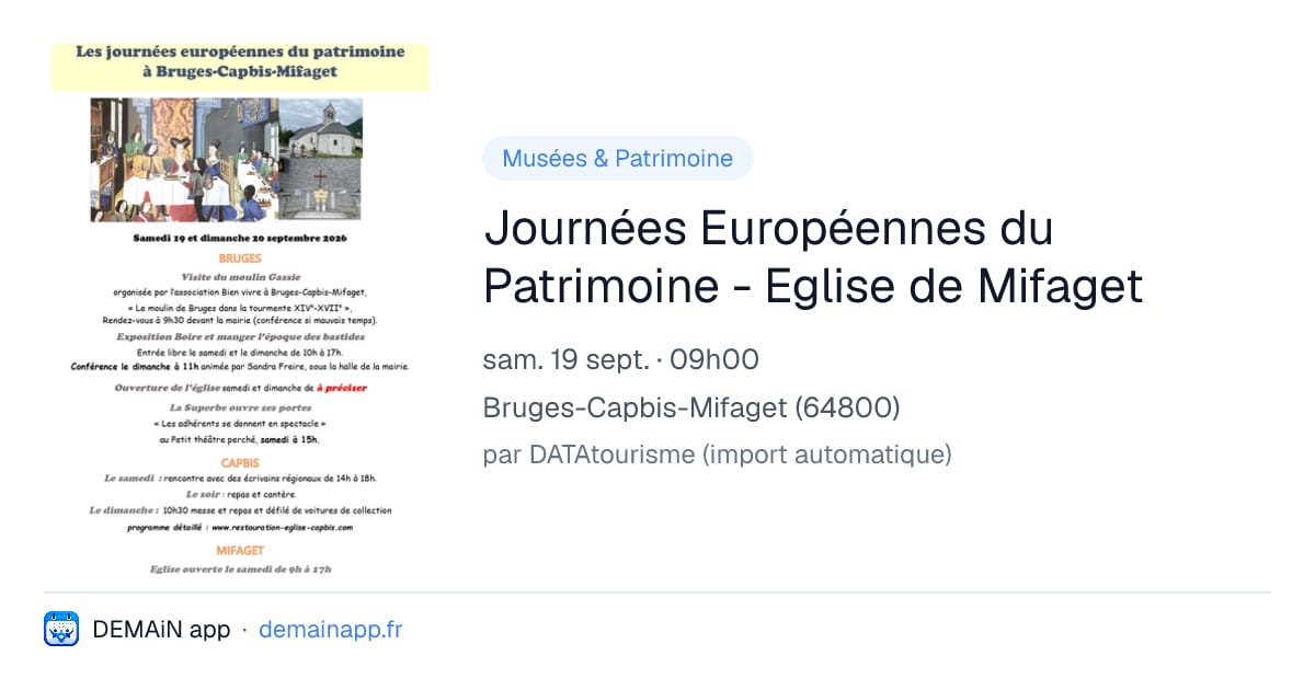 Journées Européennes du Patrimoine - Eglise de Mifaget — Bruges-Capbis-Mifaget